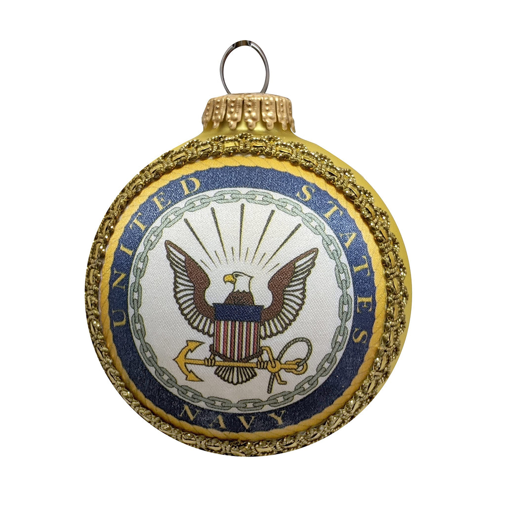 Christmas Tree Ornaments Made in the USA - 80mm / 3.25" Decorated Collectible Glass Balls from Christmas by Krebs - Handmade Hanging Holiday Decoration for Trees (USN Logo and Hymn, Silk)