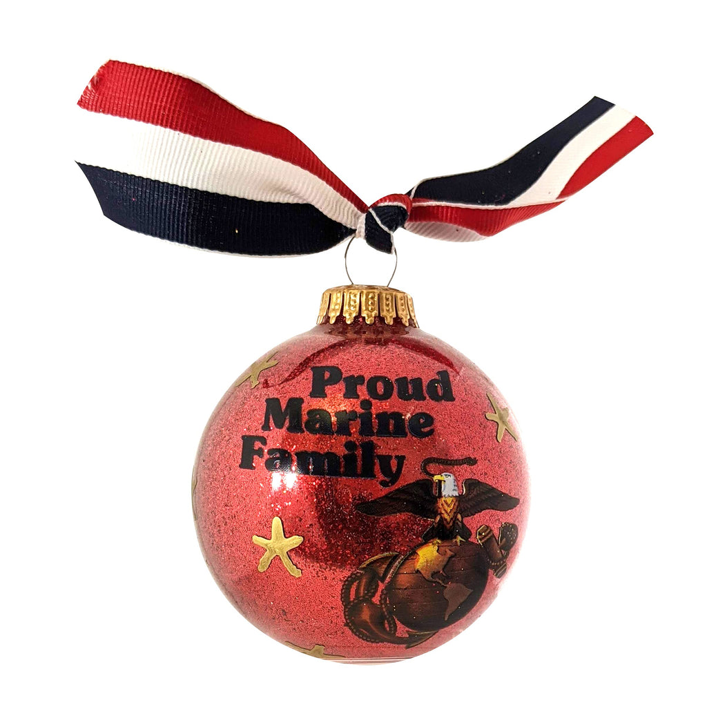 Christmas Tree Ornaments Made in the USA - 80mm / 3.25" Decorated Collectible Glass Balls from Christmas by Krebs - Handmade Hanging Holiday Decoration for Trees (Proud Marine Corps Family)