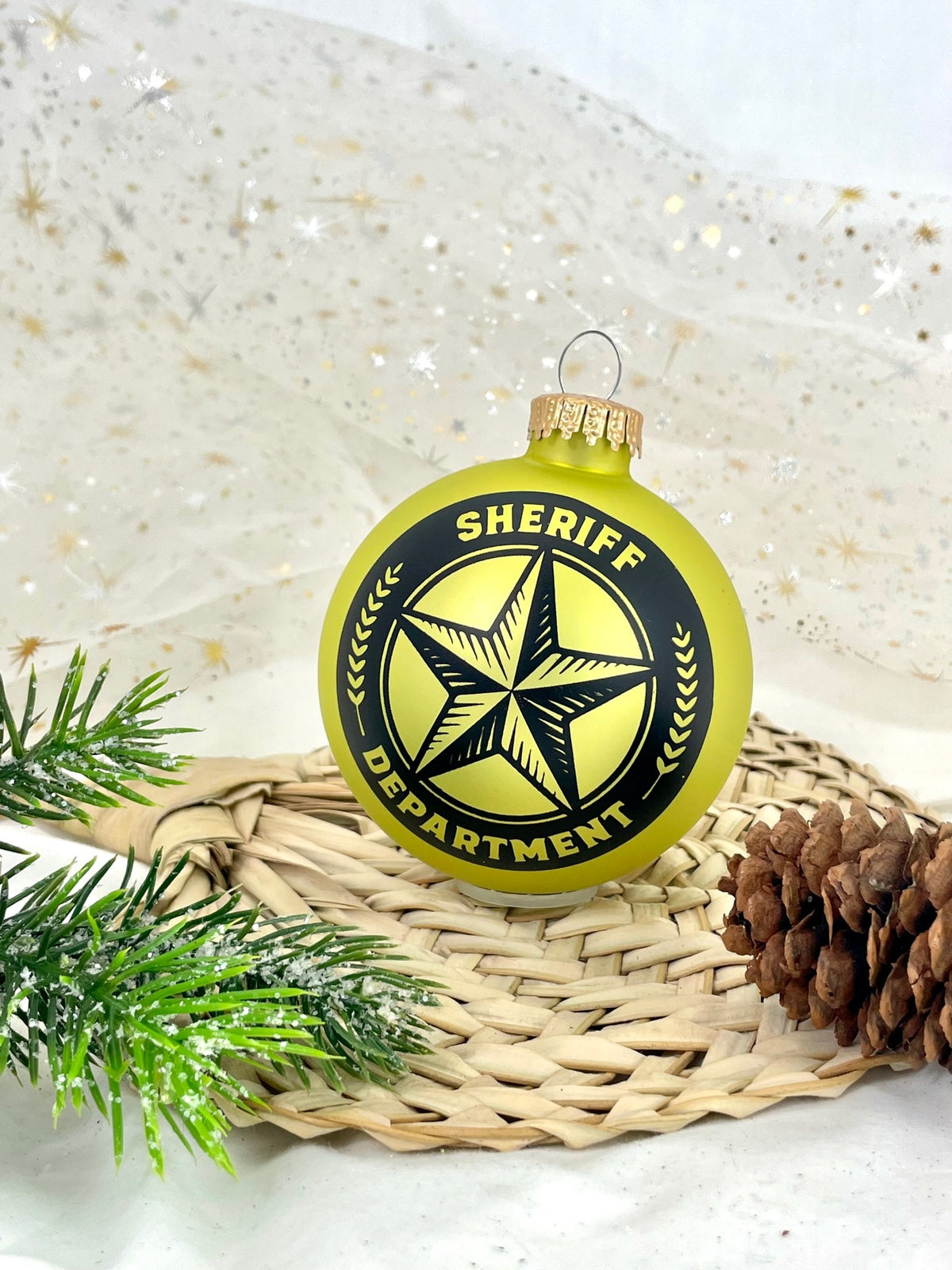 Christmas Tree Ornaments - 80mm / 3.25" Decorated Collectible Glass Balls from Christmas by Krebs - Handmade Hanging Holiday Decorations for Trees (Sherriff Logo on Gold Velvet)