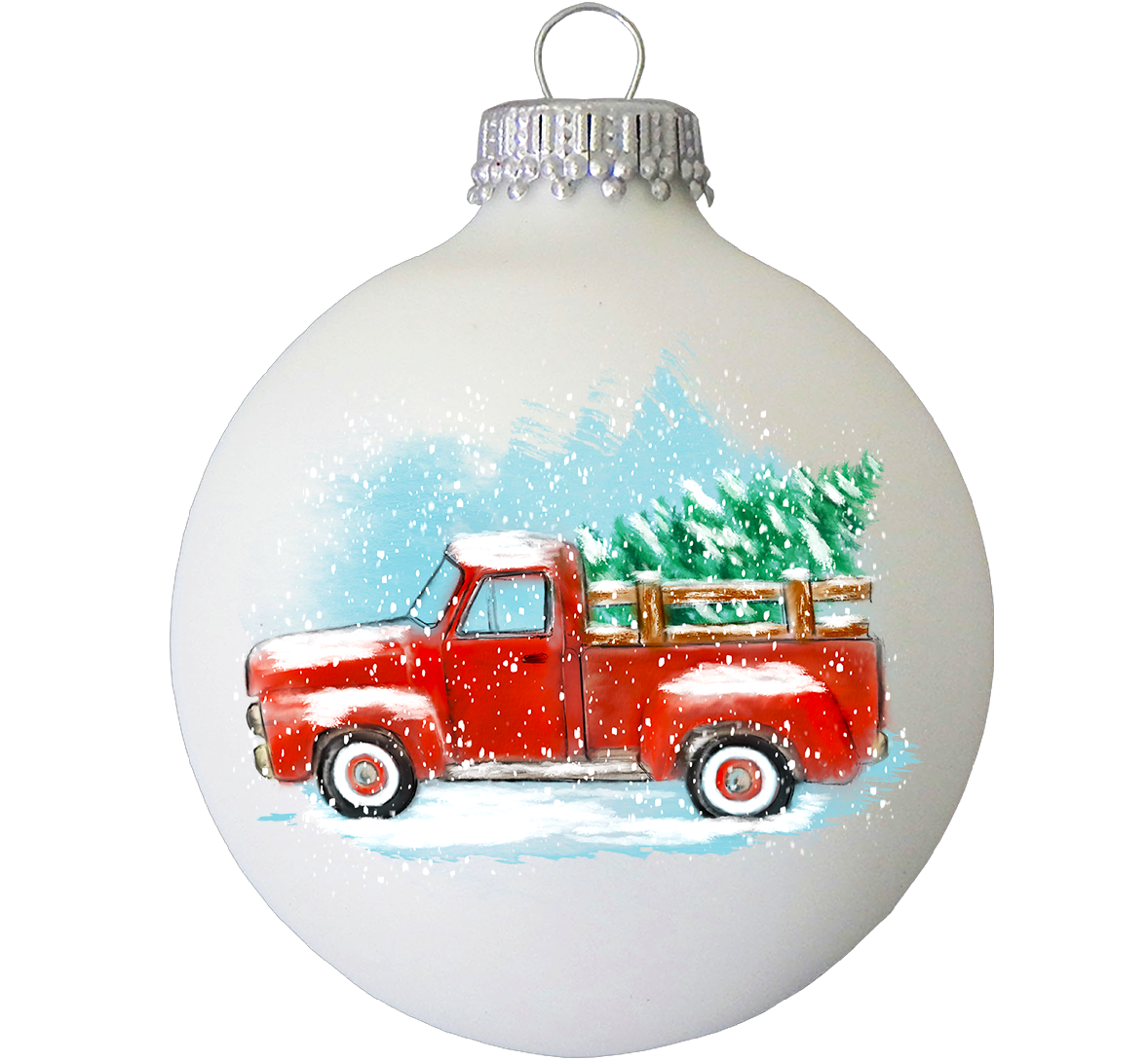 Glass Christmas Tree Ornaments - 67mm/2.625" [4 Pieces] Decorated Balls from Christmas by Krebs Seamless Hanging Holiday Decor (Classic White Velvet with Red Vintage Watercolor Truck)